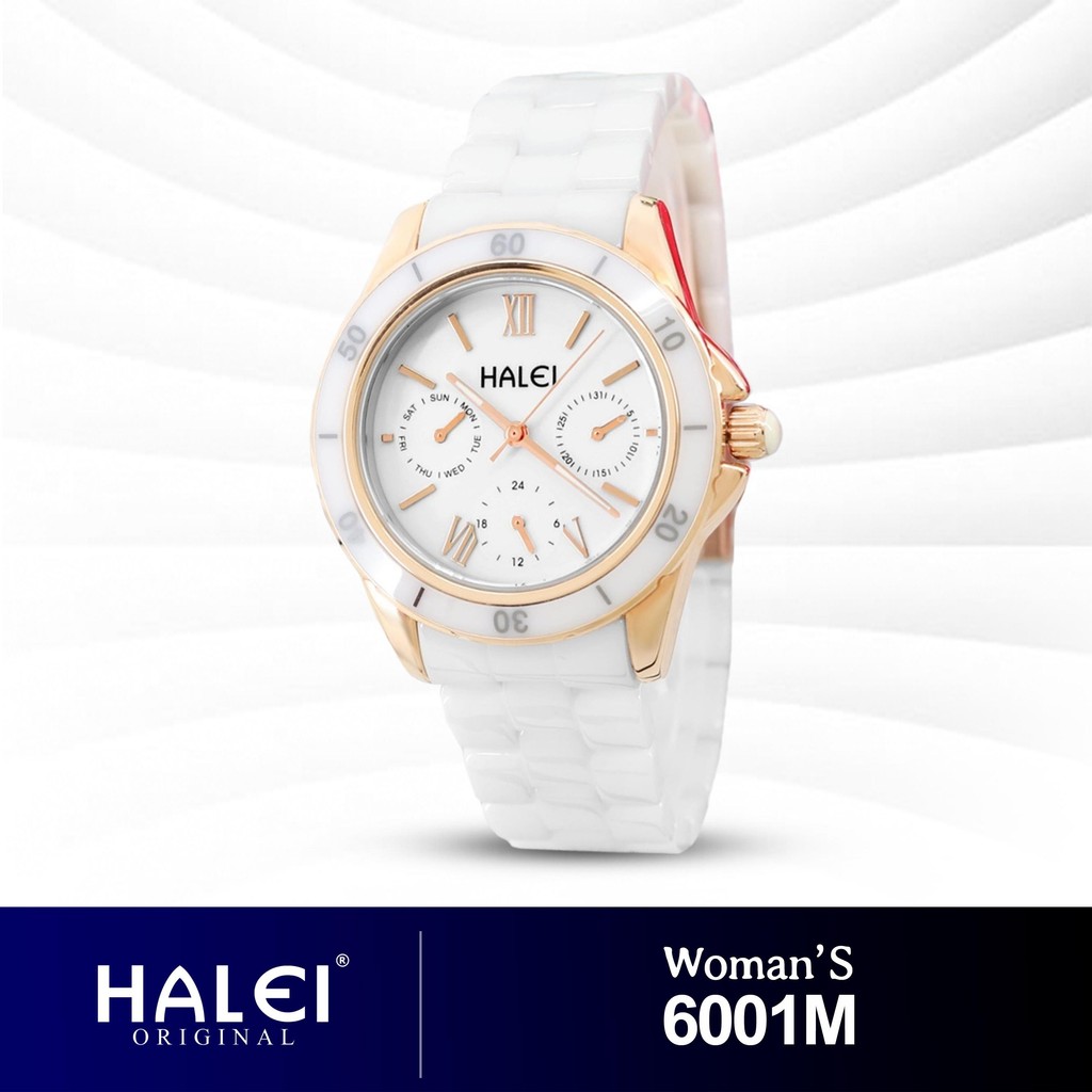 HALEI IND 6001 L - Bergaransi Jam Tangan Chronograph Cewek Ori Tali Rantai Keramik Ada Tanggal Hari
