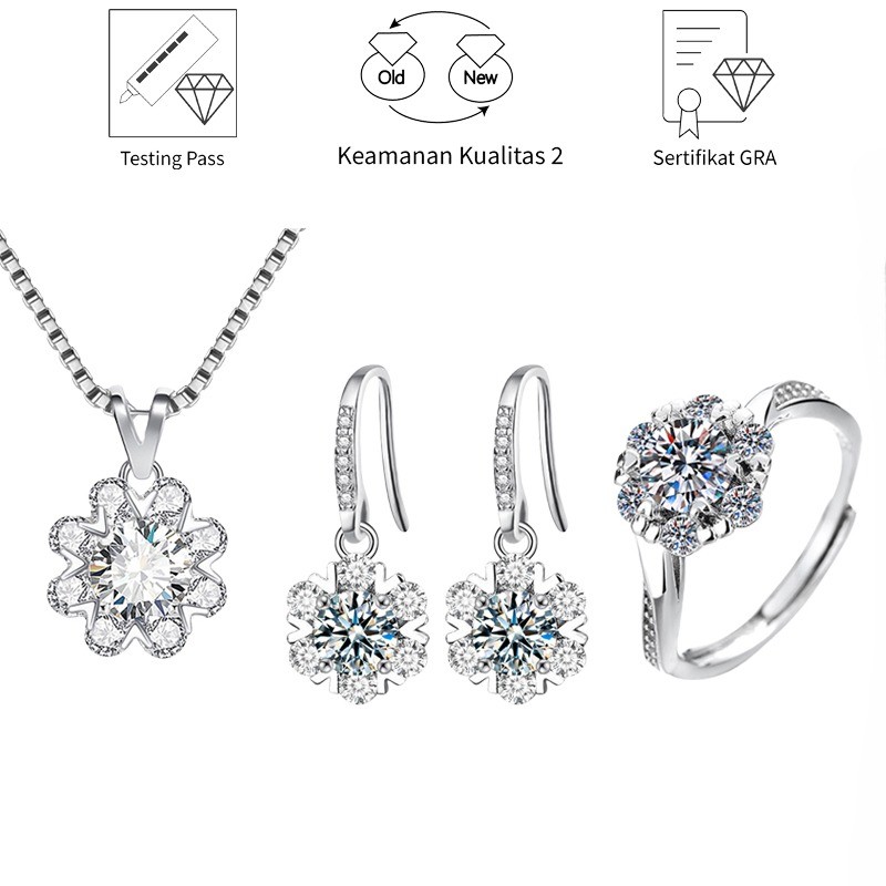 SikRoad Set Perhiasan PT950 Moissanite Salju Indah Kalung Cincin Anting Wanita