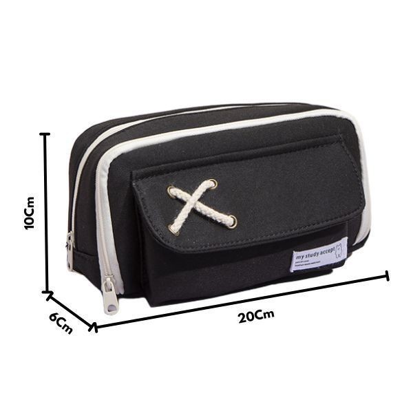 

[New Collection]PROMO Tempat Pensil Anak Aksen Pita Silang Kotak Pensil Besar 2 Resleting - Hitam