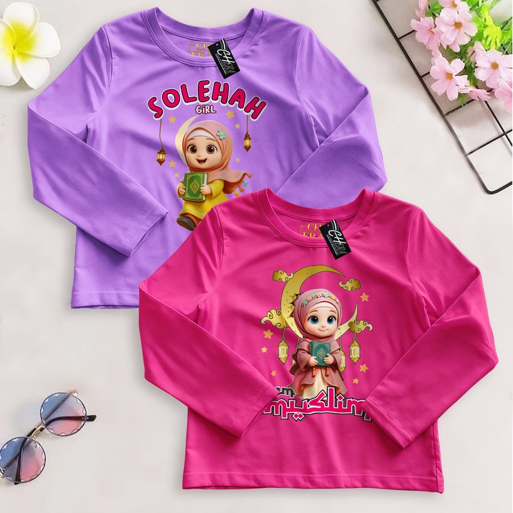 kaos lengan panjang muslim anak perempuan hingga remaja bahan katun sablon DTF