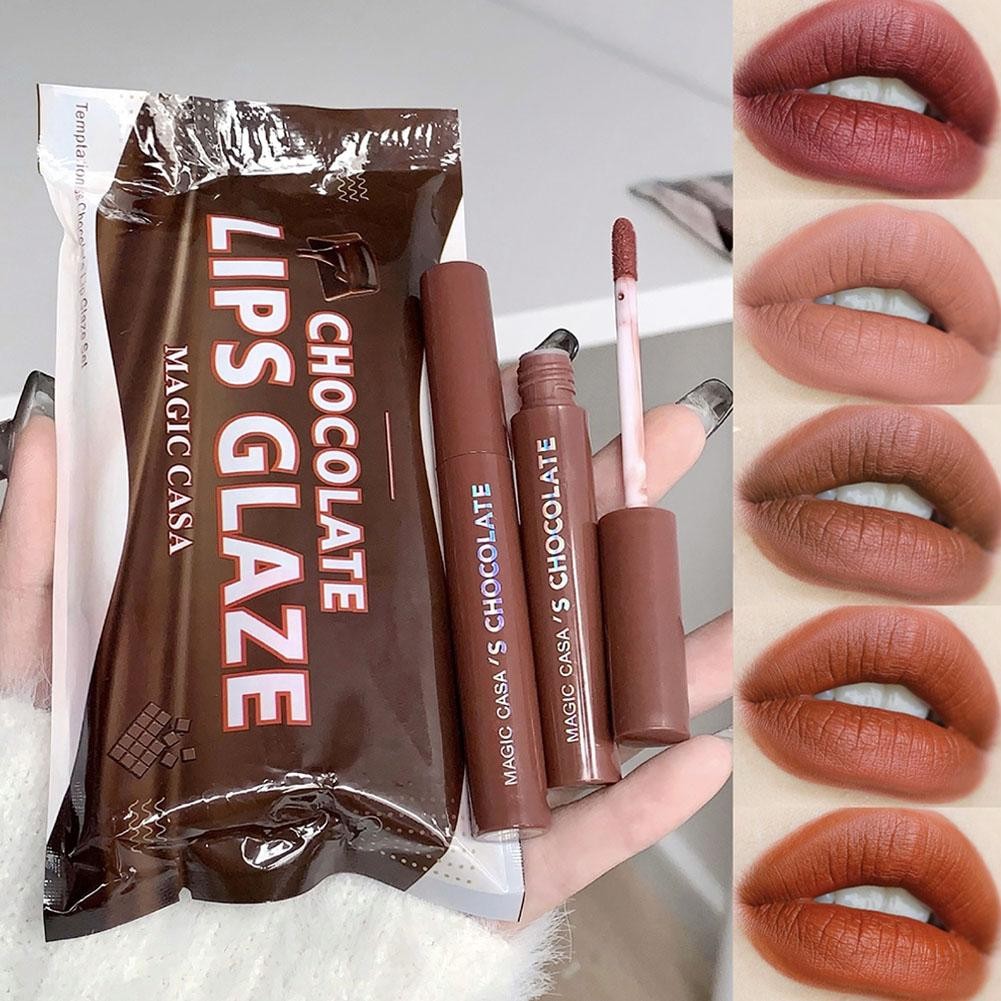 5Pcs MAGIC CASA Kaca Lip Coklat Set Kaca Lip Mata Velvet Lipstick Kanan Cream Lipstick Susu Coffee C