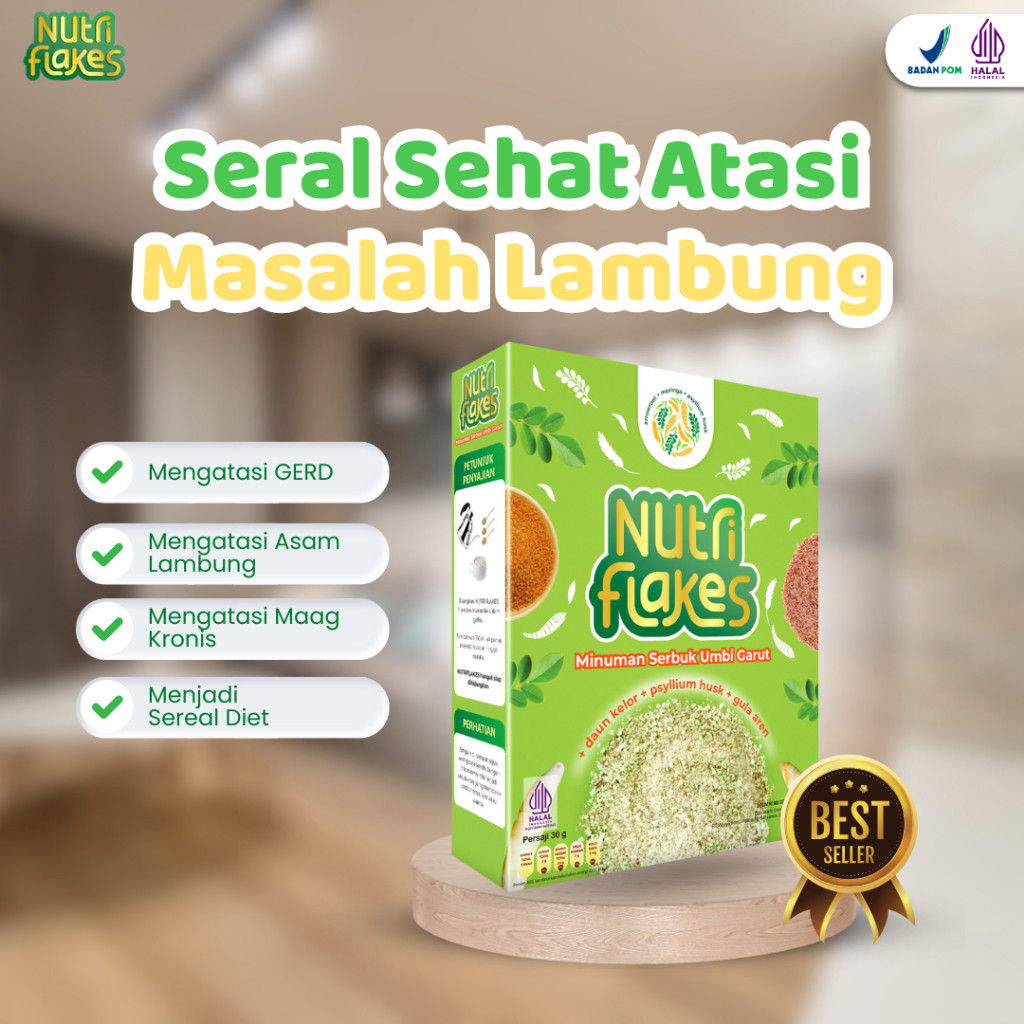 

NUTRIFLAKES ORIGINAL - SEREAL UMBI GARUT WITH PSYILIUM HUSK & DAUN KELOR Sereal Diet Sereal Asam Lambung Sereal Umbi Garut Sereal Sarapan Original Nutriflakes Asli Obat Asam Lambung