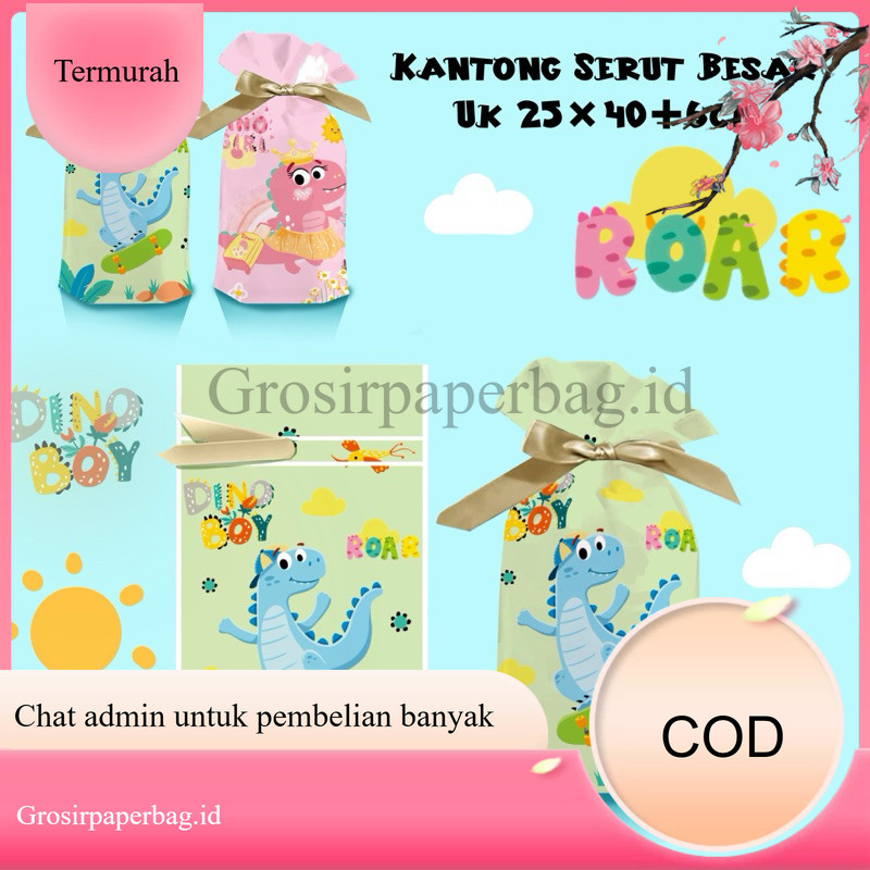(10PCS) Tas Serut Karakter Dino Anak - Tas Snack Ulang Tahun/ Kantong Plastik Ulang Tahun Anak