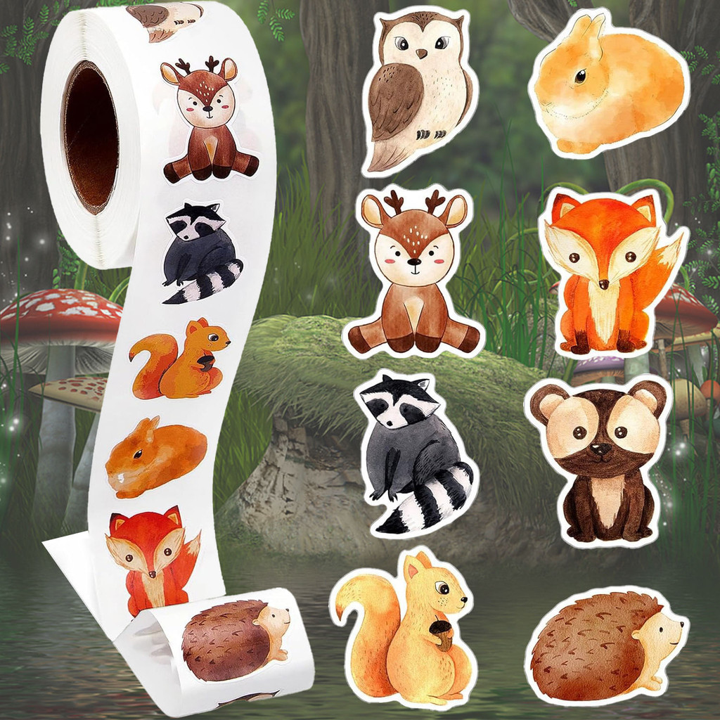 

500Pcs/Roll Heterotypic Forest Animals Stickers 2.5cm/1.0'' Art Labels Learning Rewards, Adorn Gifts for Watercup Phone PC Pad
