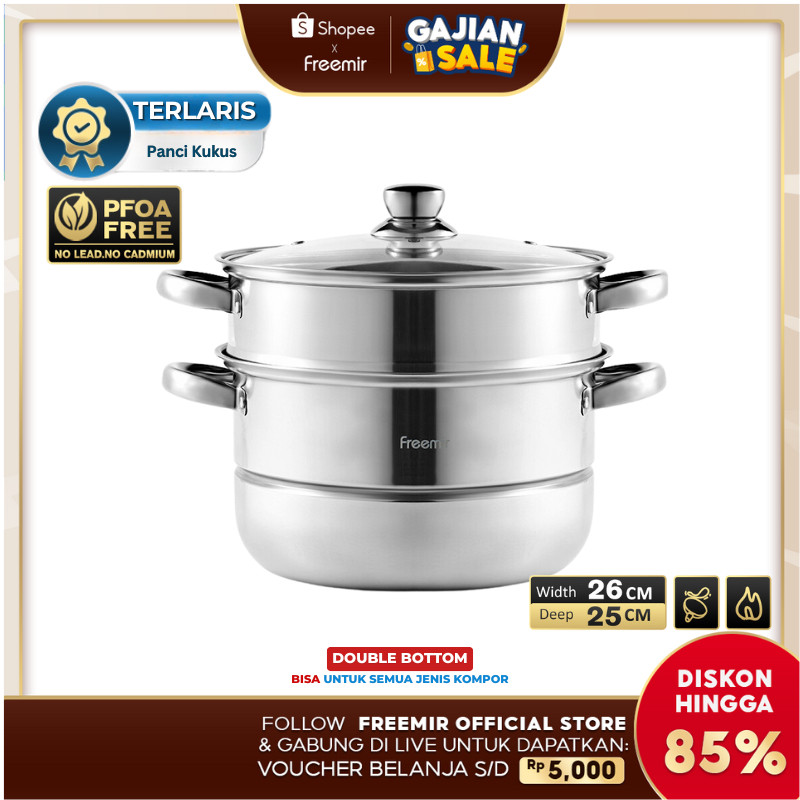 ht75yj [LIVE SPECIAL] Freemir Panci Kukusan 2 susun Anti Karat Stainless Steel Rebus Kukus Tutup Kac