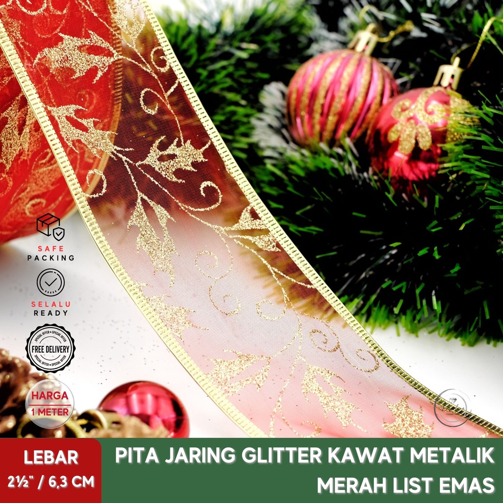 

Hiasan Dekorasi Ornamen Hampers Pita Ribbon Natal Christmas Imlek Jaring Daun Glitter Merah 6,3 cm