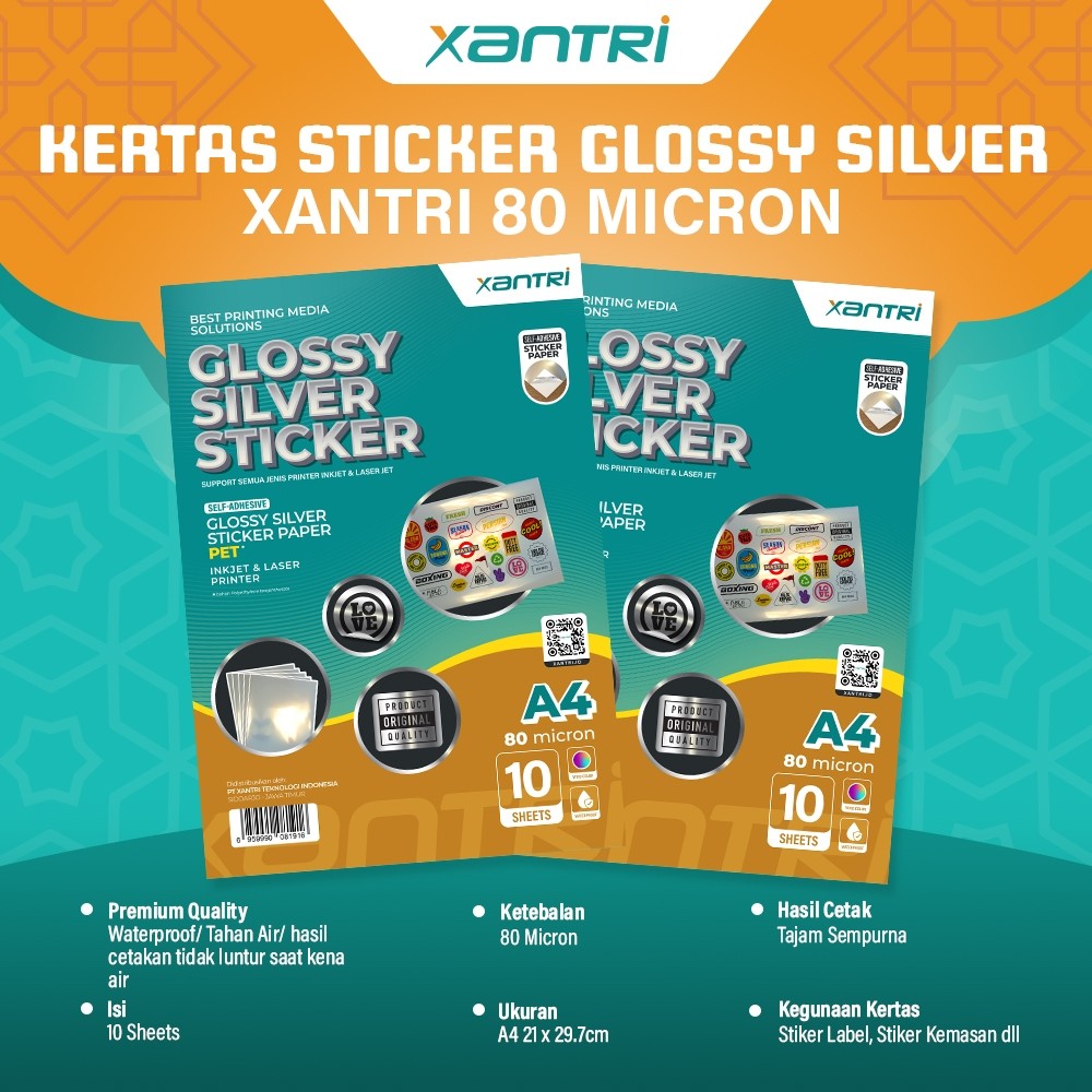 Xantri - Kertas Stiker Xantri Glossy Silver PET 80 Micron isi 10 Lembar Glossy Sticker Paper Silver 