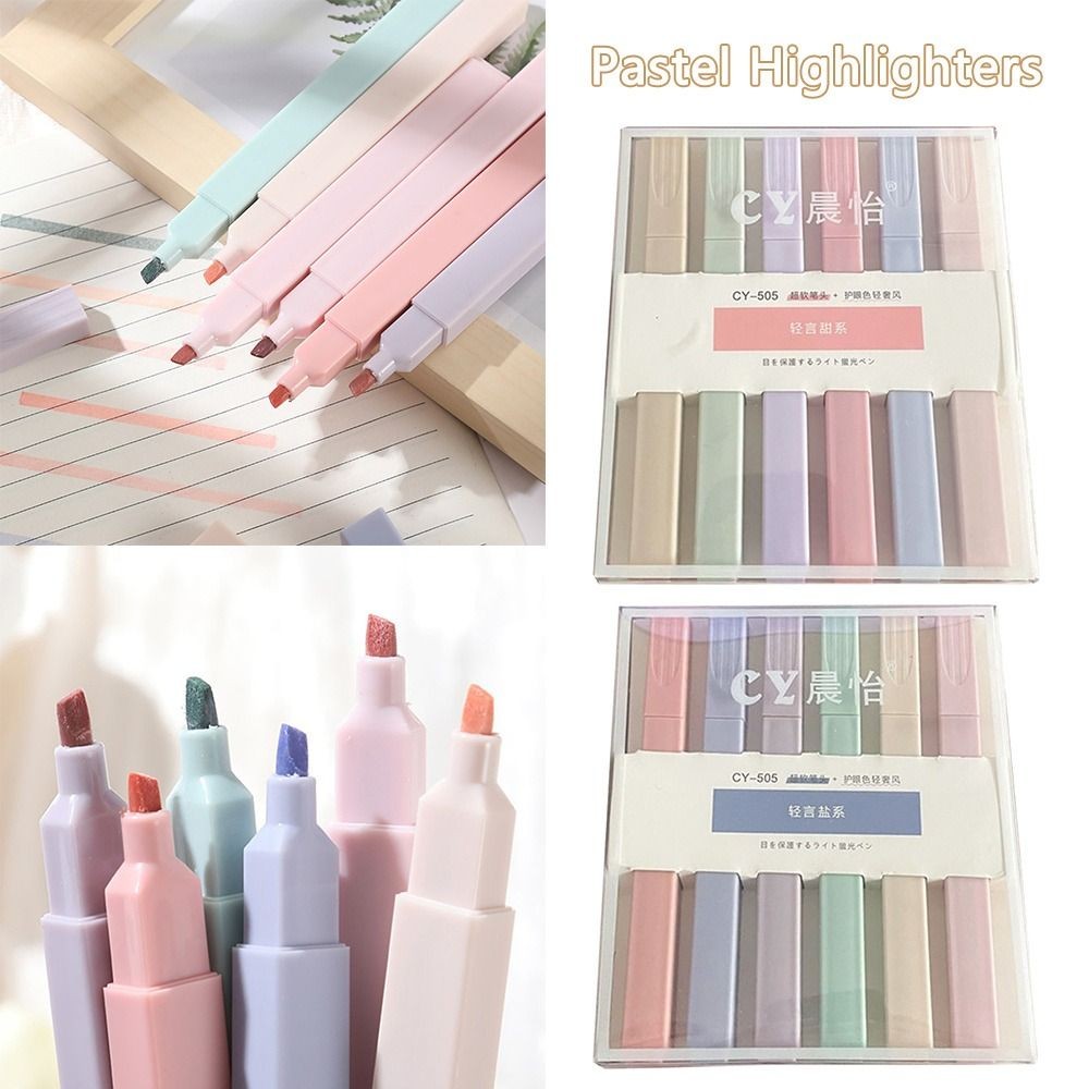 

6Pcs Pastel Highlighter Set Eyecare Light Color Text Marker Dual Tip Fluorescent Highlighters Pen for Office School