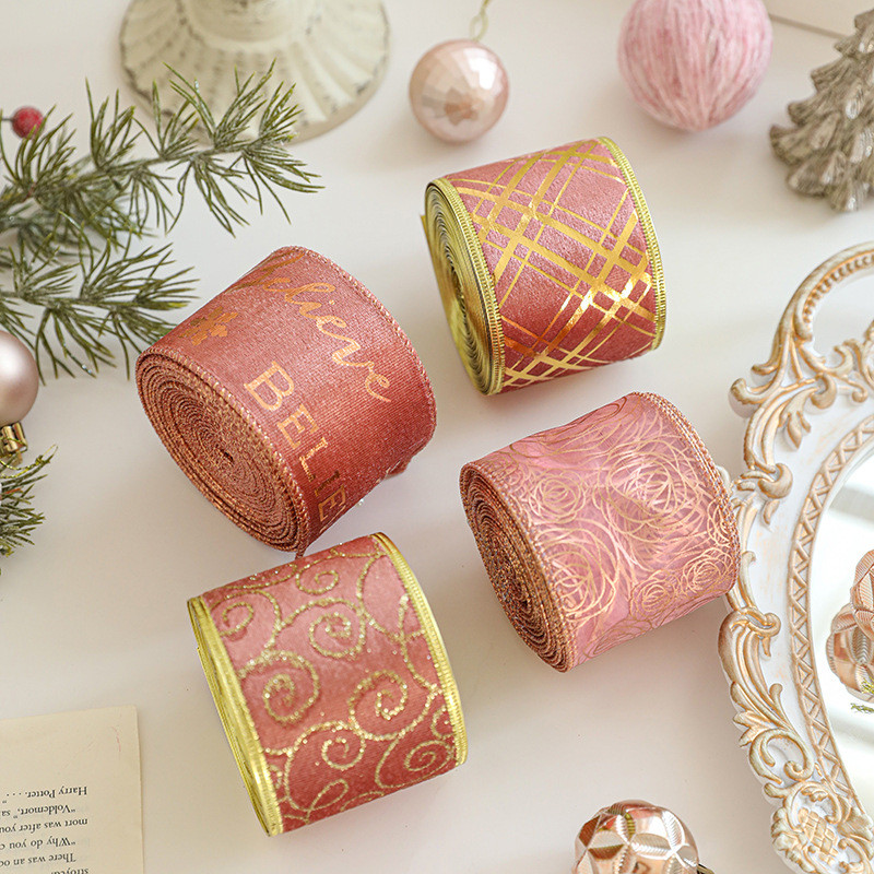 

2M/Gulungan Pita Berkabel Merah Muda dan Emas Pita Glitter Natal Pita Pembungkus Hadiah Kerajinan untuk Dekorasi Pesta Liburan Pohon Natal