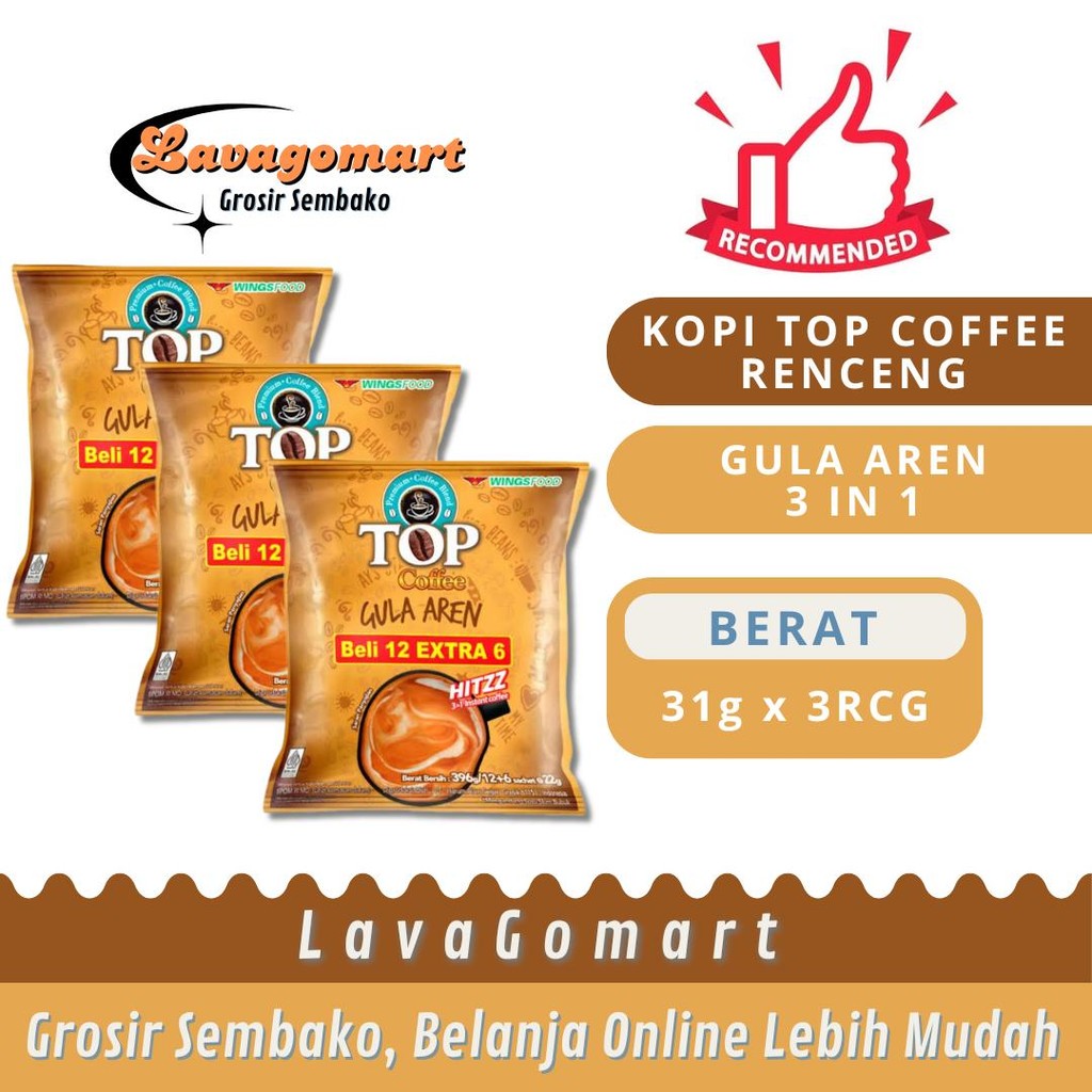 

KOPI TOP COFFEE GULA AREN 3 IN 1 SACHET 22g - 3 RENCENG - LAVAGOMART - BANDUNG
