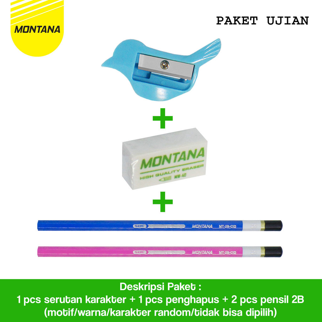 

MONTANA Paket Ujian Pensil MT2B CID 2 Pcs + Penghapus MW-40 1 Pcs + Sharpener Rautan 1 Pcs TSJ-24