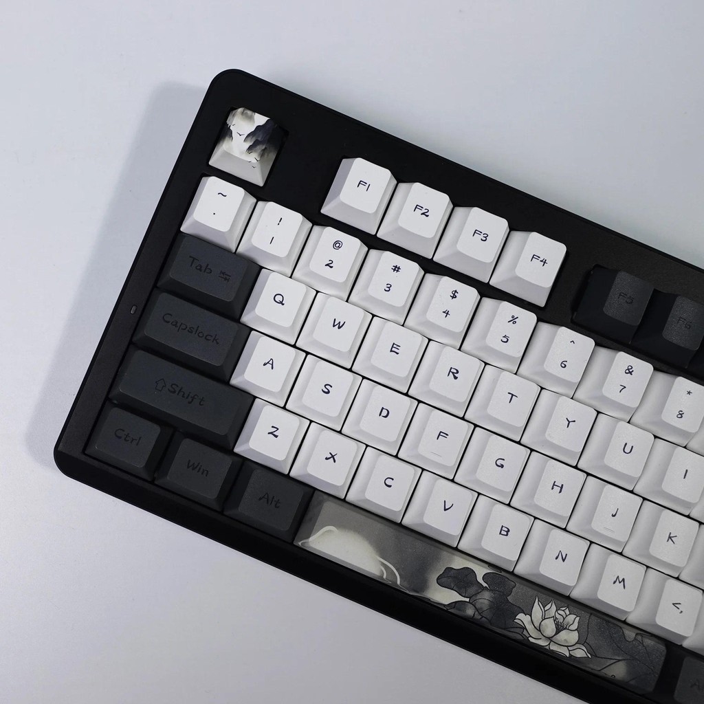 KBDiy Ink Lotus Keycap 142 Keys Cherry Profile Retro Keycaps PBT Keycaps for Mechanical Gaming Keybo