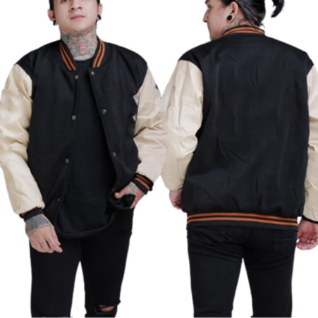 MAKEYOUSHOP Jaket Baseball Polos Pria Hitam Cream / Jaket Varsity Polos Pria Wanita