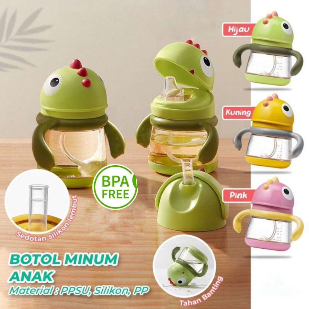 VIRAL Botol Minum Dino Bayi Training Cup Sippy Cup Gelas Anak Anti Tumpah/ Botol Minum Balita BPA Fr