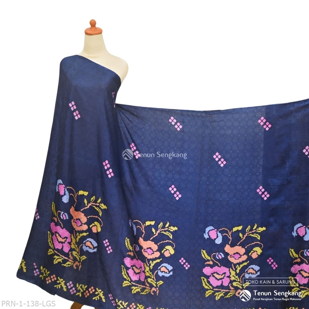 Kain Tenun Dobby Batik Mptif Bunga Lagosi Bugis Makassar Biru - Tenun Sengkang PRU-1-138-LGS (Harga 