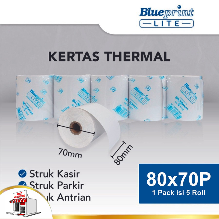 

Paket isi 5 Paper Thermal 80mm Blueprint Lite Kertas Struk 80x70 Faktur Nota Tiket Antrian Karcis Parkir PPOB
