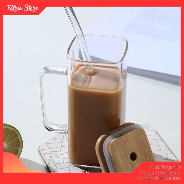 Gelas Kaca Unik Kotak Polos Besar Aesthetic Dengan Tutup Sedotan 350ml - Fatria Store