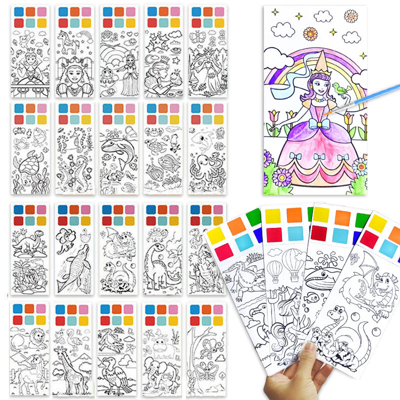 

20Sheets Children Paint with Water Activity Books Pocket Cartoon Princess Animal Dinos Sealife Watercolor Drawing Bookmark Toys