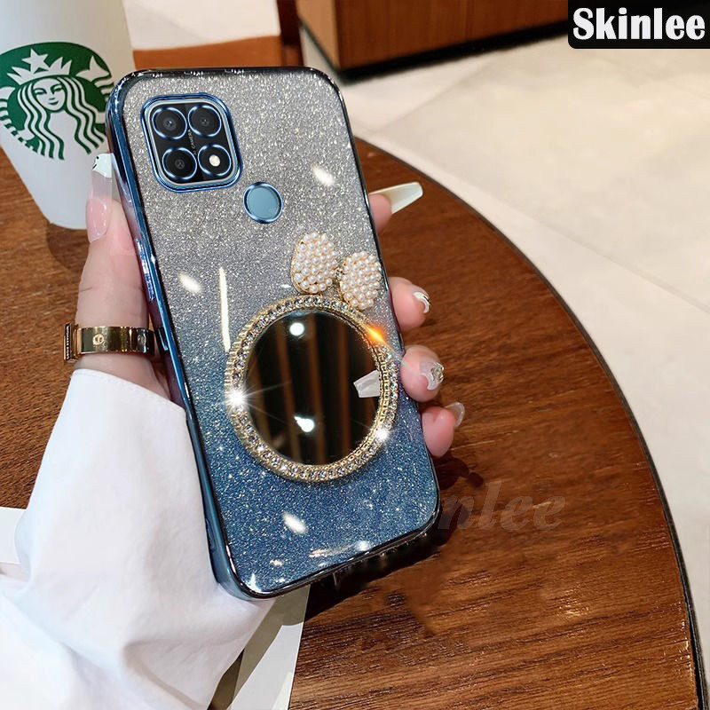 Untuk OPPO A15s A15 Case Pearl Butterfly Makeup Mirror Luxury Shiny Gradient Plating Glitter Girls S