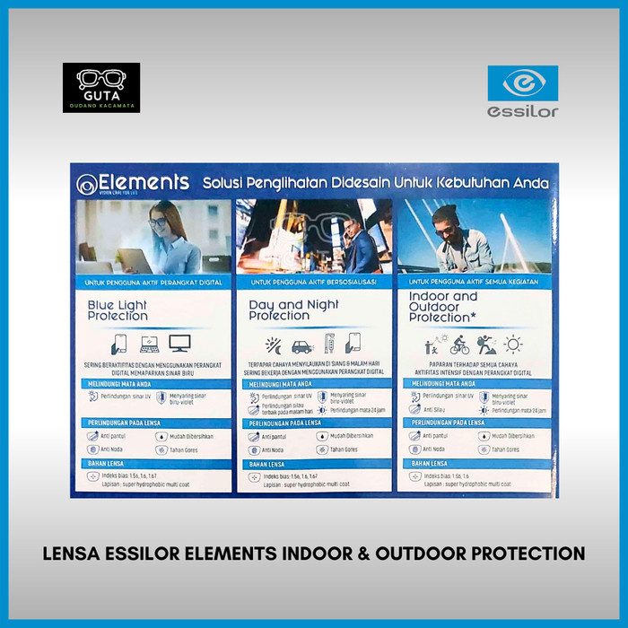Lensa Kacamata Essilor Elements Indoor and Outdoor Protection Original