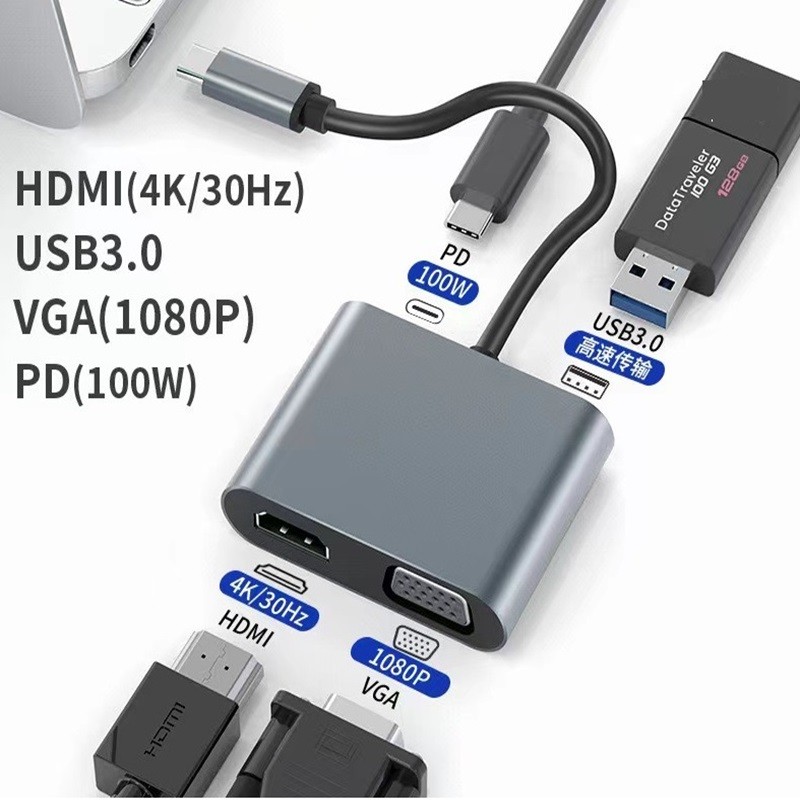 4K@30HZ Type C plug to HDMI-compatible USB C 3.0 VGA PD100w Adapter Dock Hub cable for Laptops/Table