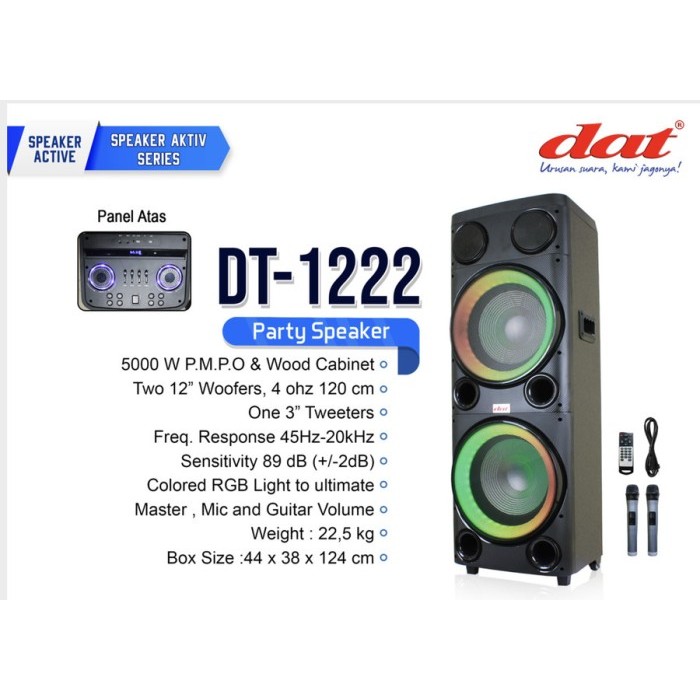 Speaker DAT Portable DT-1222 Trolley Free 2 Mic Wireless 12Inc Double