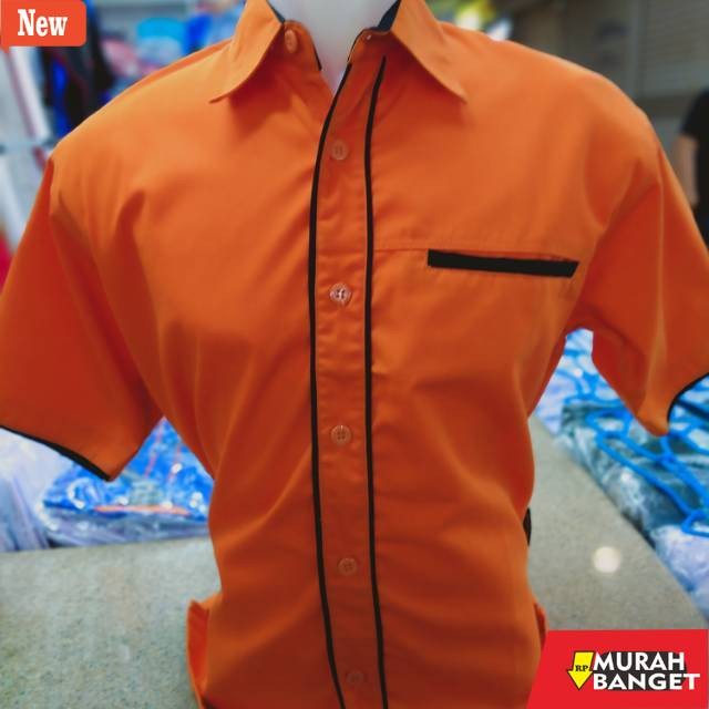 kemeja formal pria Kemeja Seragam Kerja Promosi Orange Lis Hitam