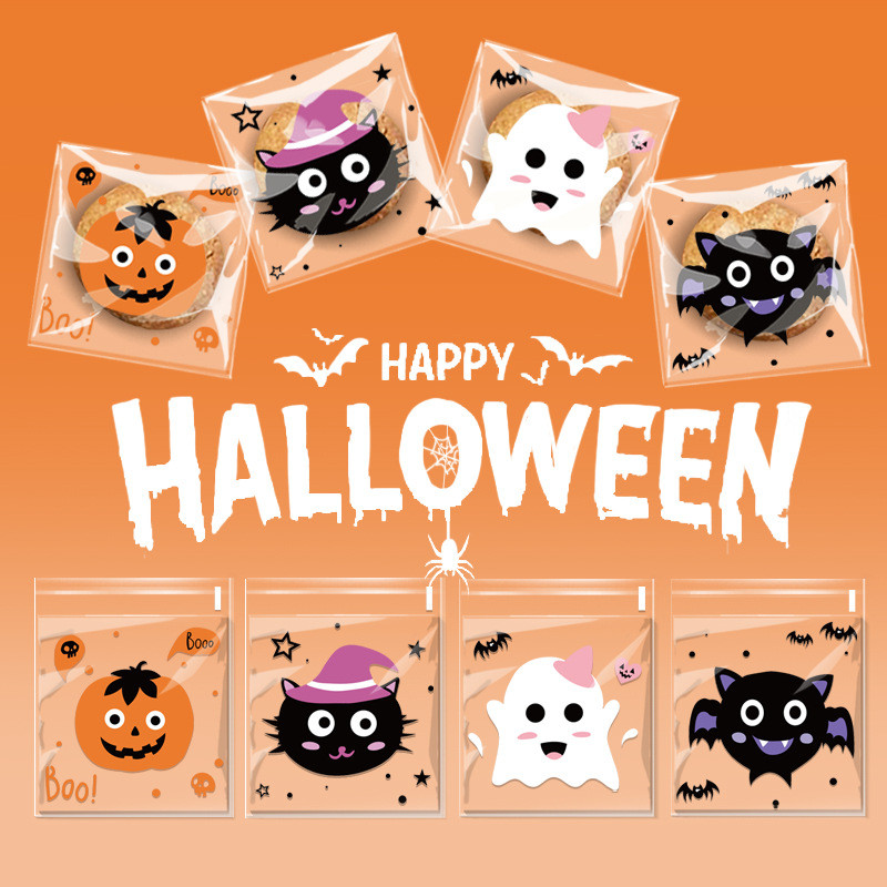 

100/200 Pcs Halloween Plastic Candy Cookies Gift Bag Self Adhesive Snack Wrap Bag Halloween Party Decorations Kids Gifts