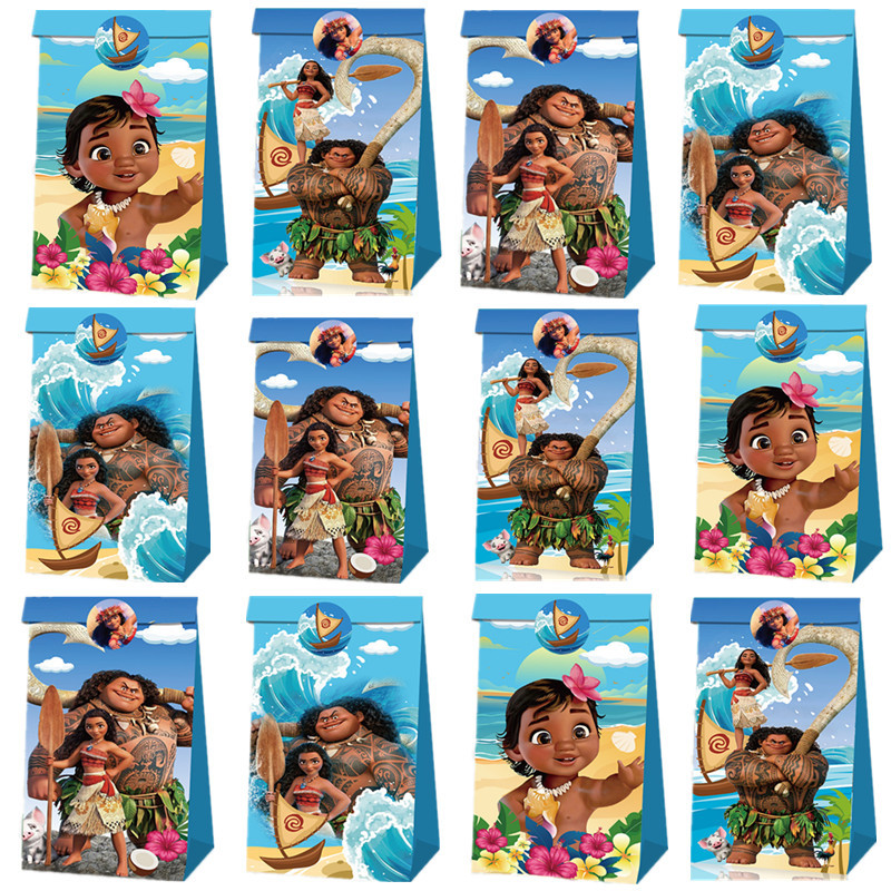 

12Pcs Disney Moana Princess Theme Party Paper Candy Bag With Sticker Moana Girls Birthday Candy Packing Bag Baby Shower Supplies