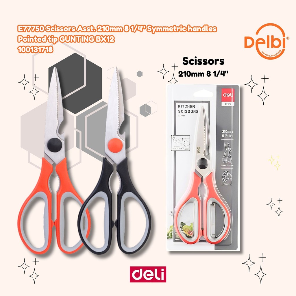 

Deli Gunting Dapur 210mm Pegangan simetris Ujung runcing 2 warna E77750 Scissors Asst. 210mm 8 1/4" Symmetric handles Pointed tip GUNTING BX12