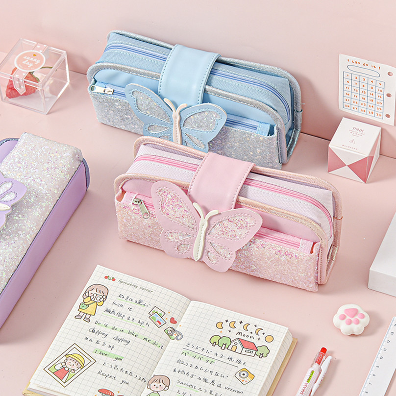 

Butterfly Pencil Case Sequin Pencil Cases For Girls School Supplies Large Capacity Estuche Escolar Canvas Stationery Pencil Box