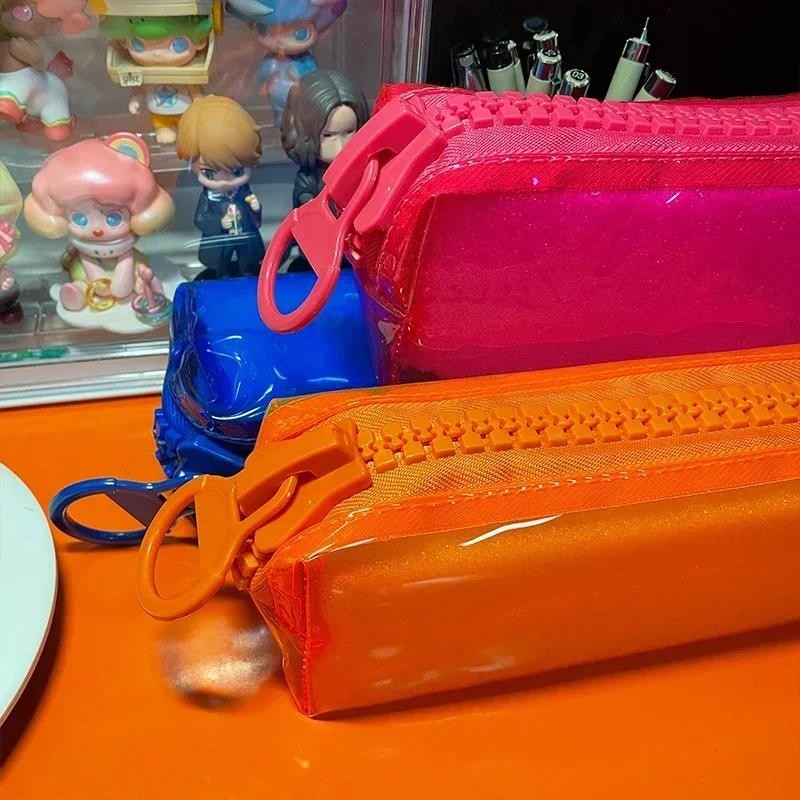 

Large Zipper Pencil Case Color Square Large Capacity Student Stationery School Supplies Fluorescent Transparent PVC Storage Bag