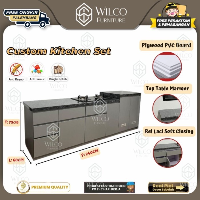 Custom Kitchen Set Plywood HPL Top Table PVC Board | Kitchen Set Motif Marmer Custom | Meja Dapur Pl