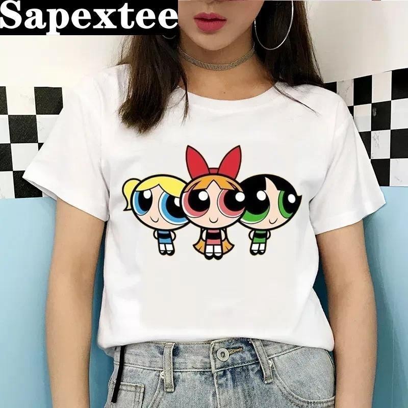Kemeja-T Bercetak, Tema Powerpuff, Untuk Wanita, Gaya Harajuku dan Ullzang, Fesyen BaJu-T, Grafik 90