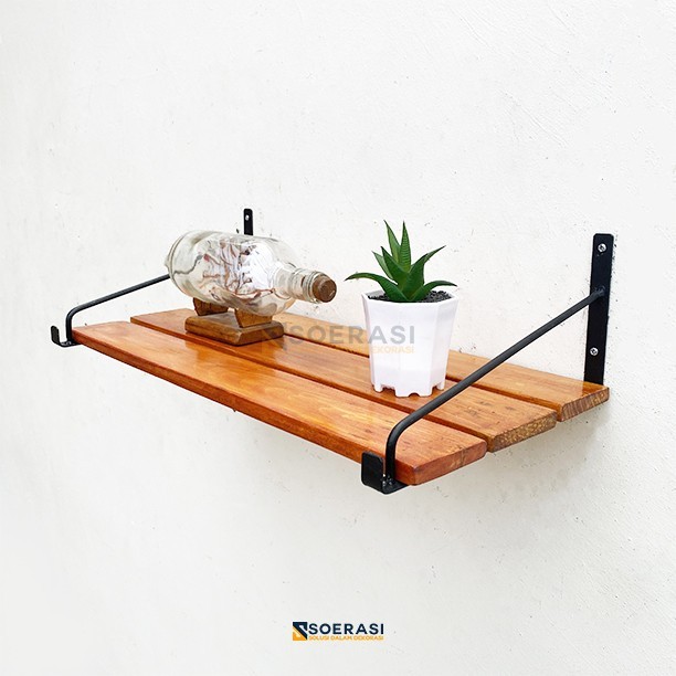 LADIN rak buku dinding besi dan kayu minimalis vintage kuno es sepatu - Cokelat, 30Cm