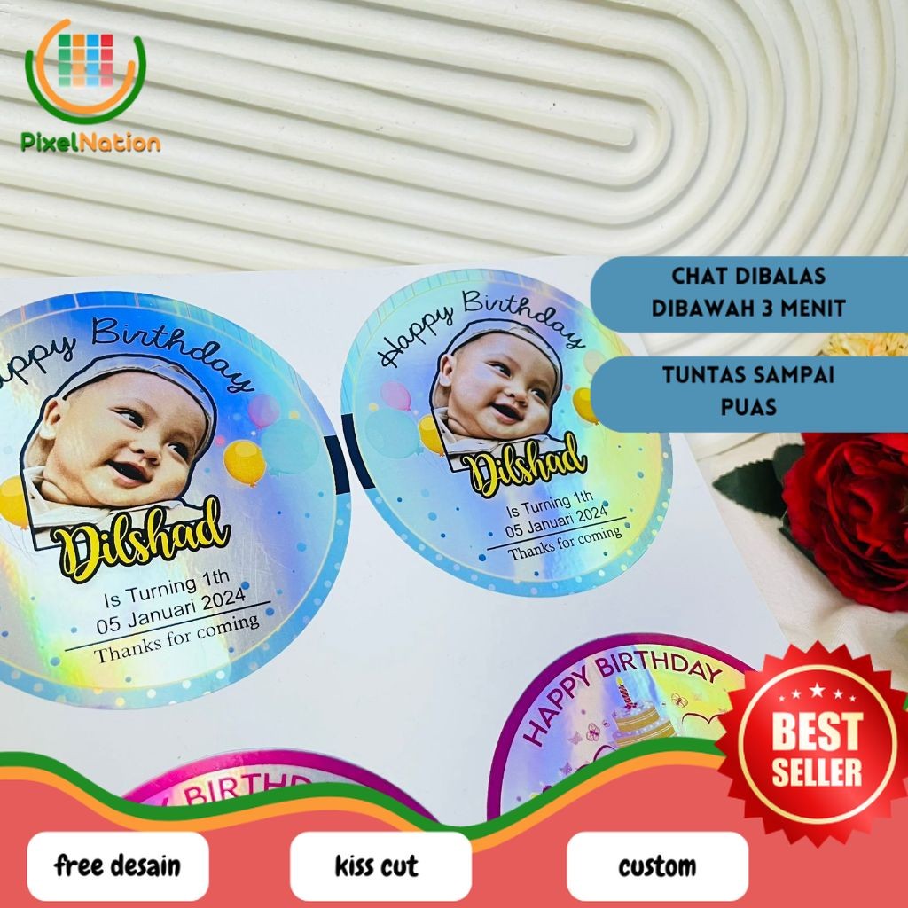 

PiNat 2-4 Sticker Undangan Ulang Tahun Anak Label Stiker Happy Birthday Bahan Hologram Anti Air