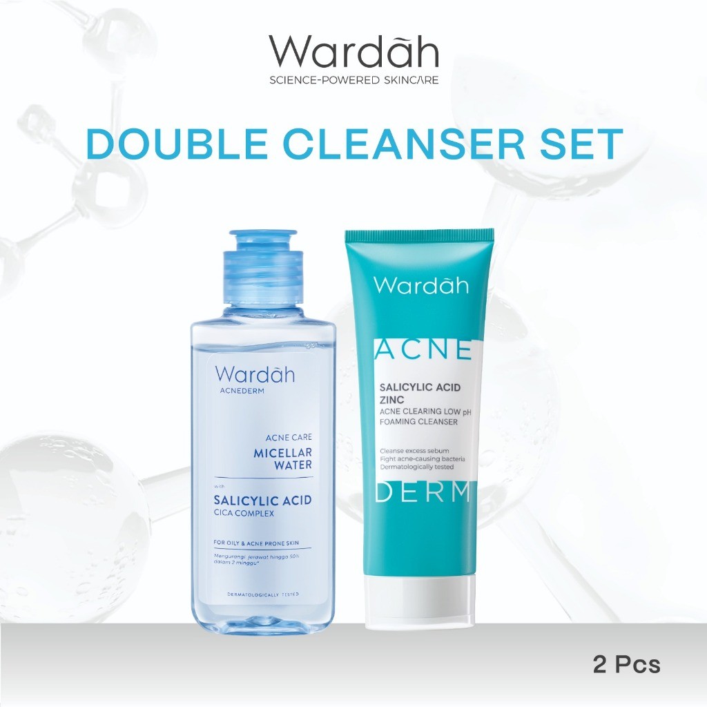 WARDAH Paket Double Cleansing Micellar Water 100 ml + Gel Cleanser Acnederm - Untuk Kulit Wajah yang