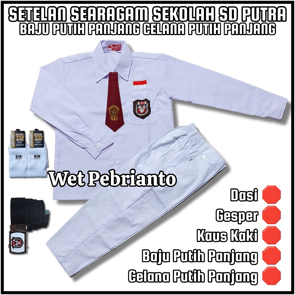 Promo Setelan Seragam Sekolah SD Putih - Putih Laki Laki Baju Putih Lengan Panjang Celana Putih Panj