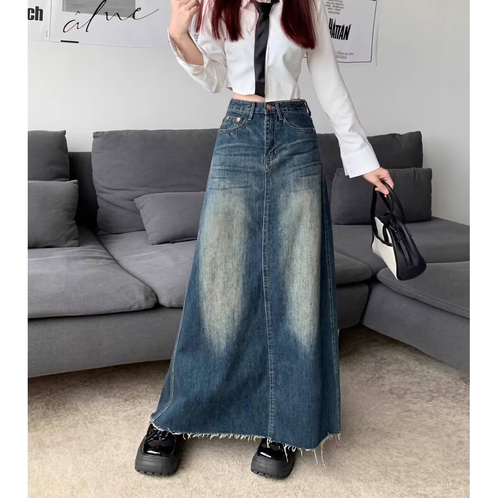 Rok panjang lurus A-line wanita gaya Korea rok panjang denim ramping