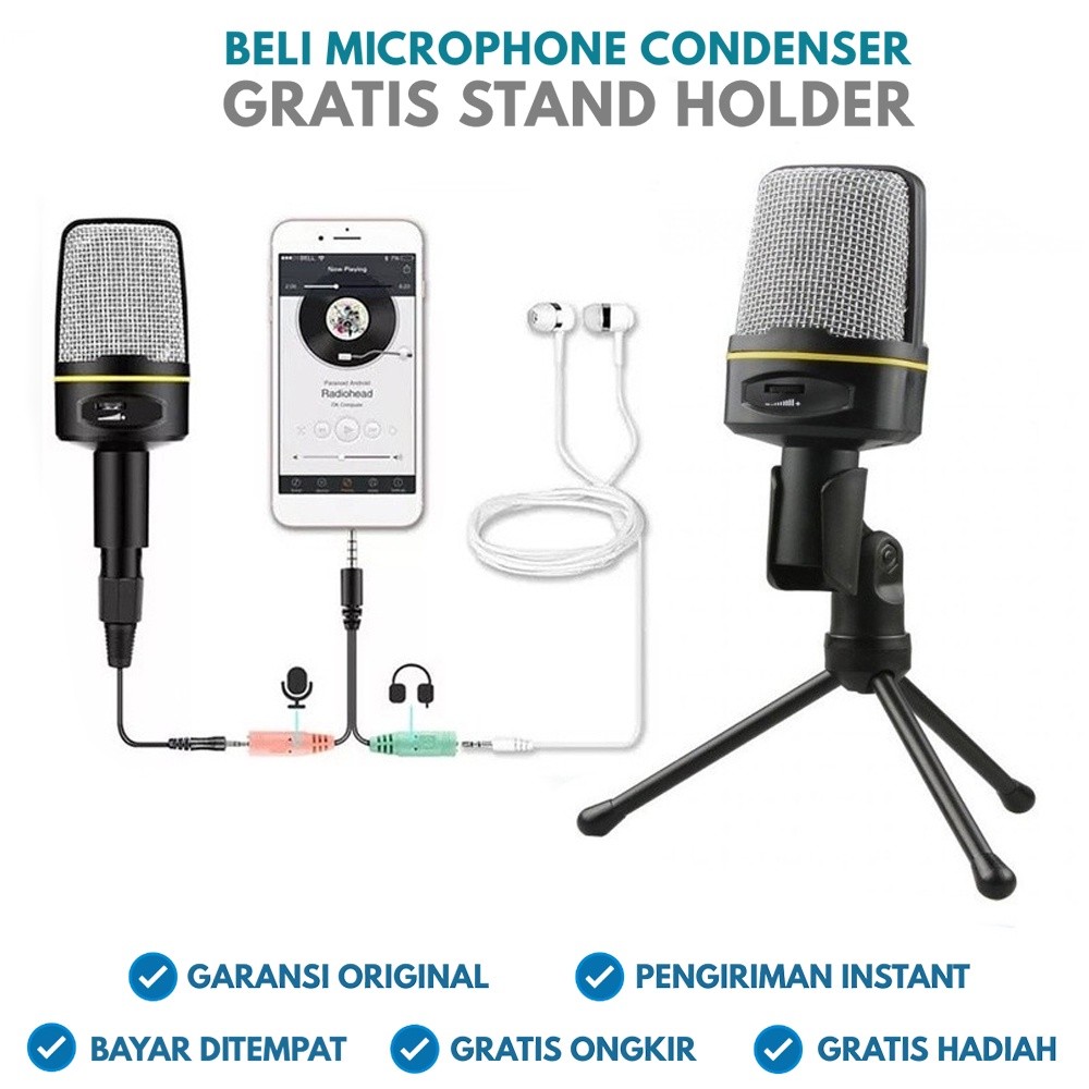 Mikrophone Microphone Condenser Perekam Suara Youtuber Mic Podcast USB Mikrofon 3.5 mm with Stand Or