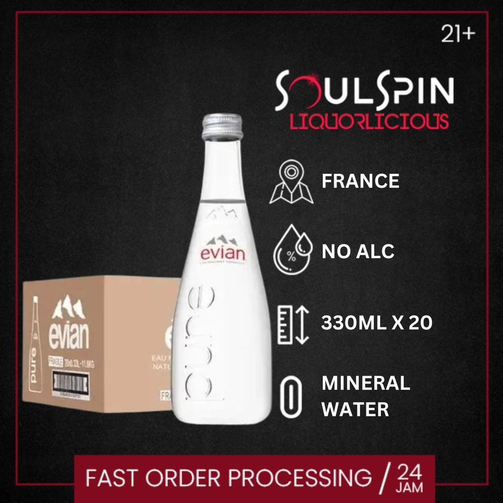 

Evian Glass Natural Mineral Water 330ml [ Dus isi 20 Botol Kaca ] Khusus JNE Trucking + Termasuk Packing Kayu
