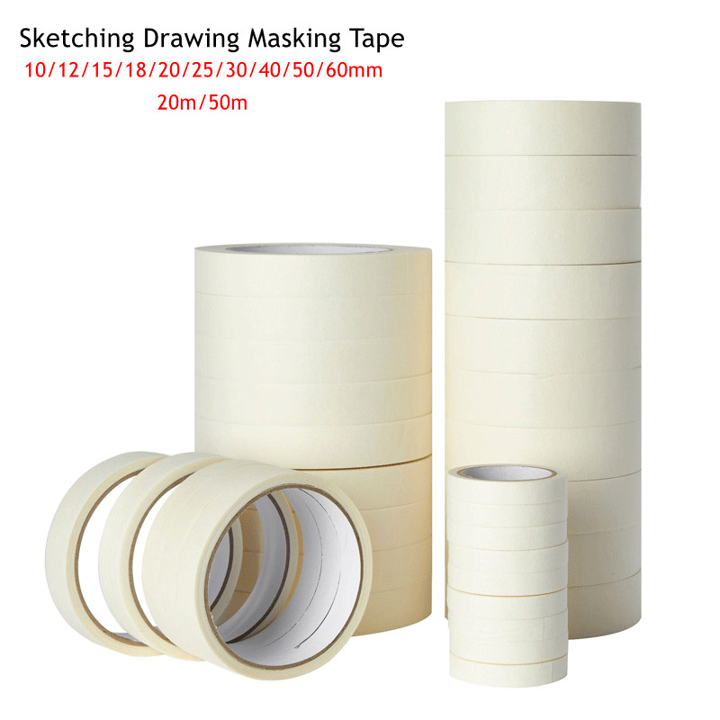 

50m / 20m Masking Tape White Color 12/18/60mm Single Side Tape Adhesive Crepe Paper for Oil Painting Sketch Drawing Supplies