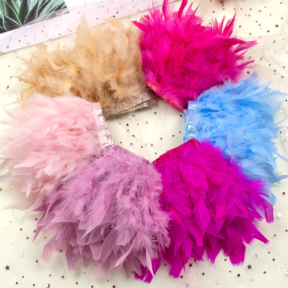 

1Meter Multicolor Turkey Feather Trim Fringe Fluffy Stripped Plumas Ribbon 10-15cm for Wedding Dress Clothing Crafts Decoration