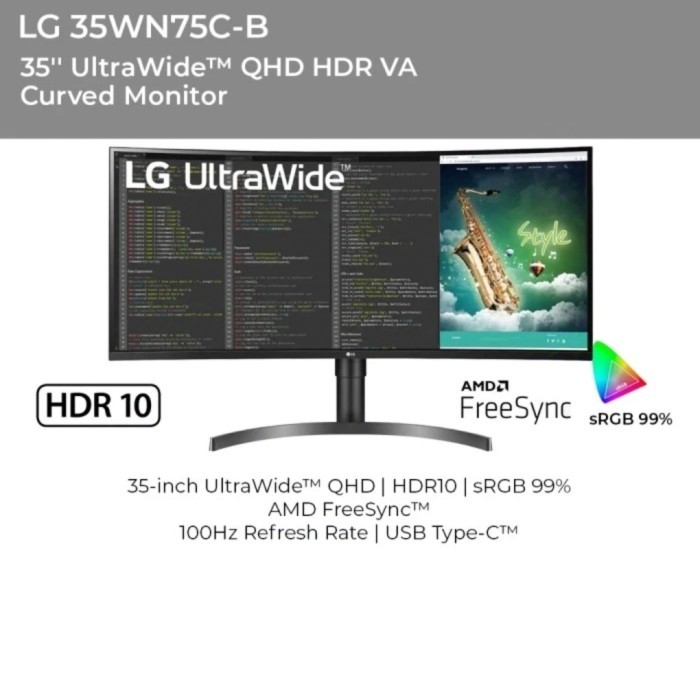 LG Monitor 35WN75C-B 35'' UltraWide QHD HDR VA Curved Monitor