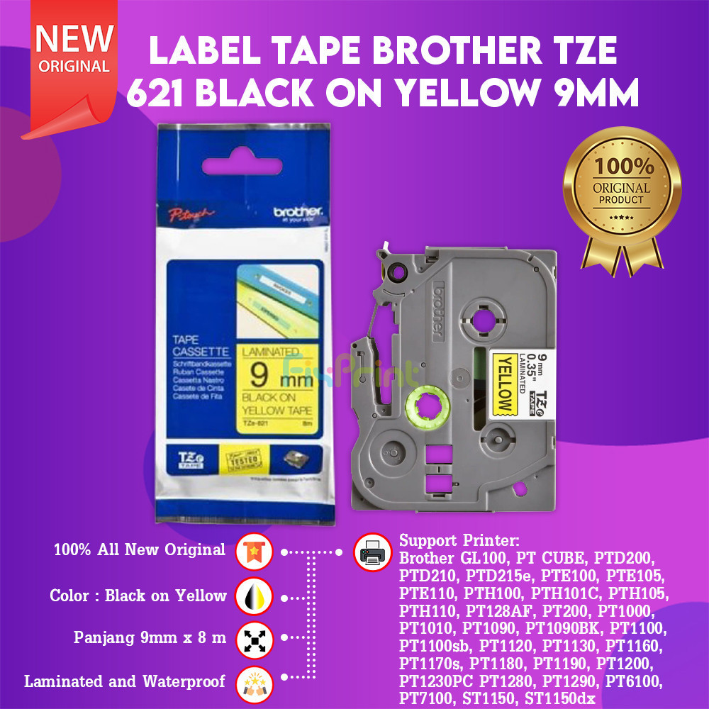 FixPrint Label Tape Brother New Original TZE-621 TZE 621 9mm Black on Yellow Casette Laminated 9mm