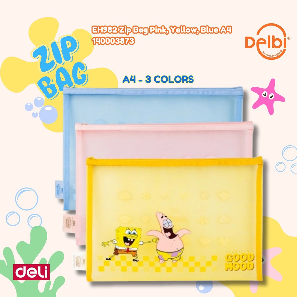 

Deli Pouch Zipper A4 Spongebob EH982 Random Kantong Organizer Serbaguna Tempat Pensil Pulpen Zip Bag Pink, Yellow, Blue A4