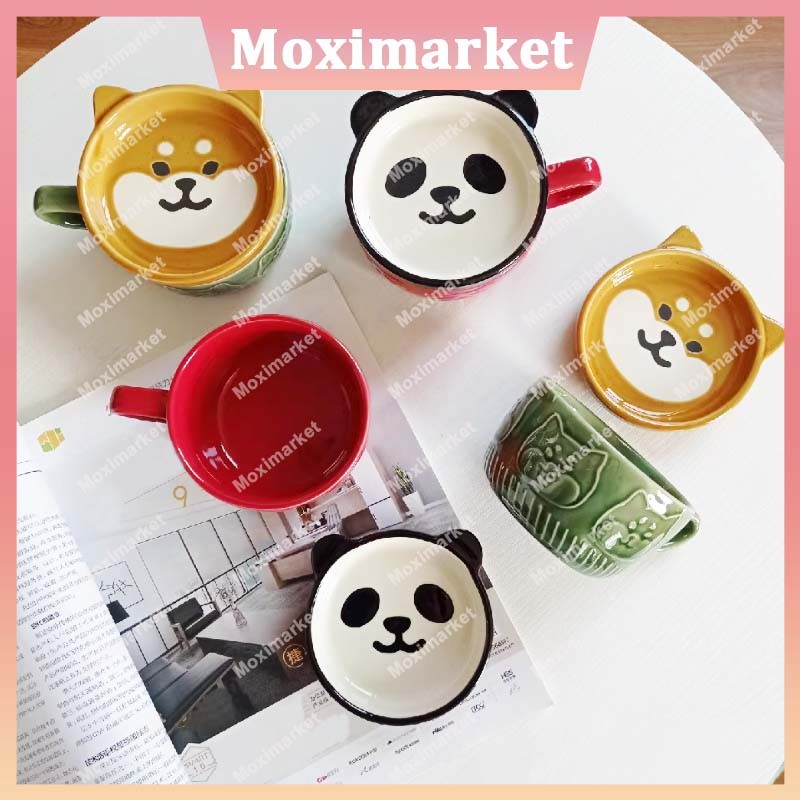 Set Mug Potong Kucing Set Mug Keramik Mug Kartun Kucing Lucu dengan Tutupnya Mug Kopi Keramik dengan