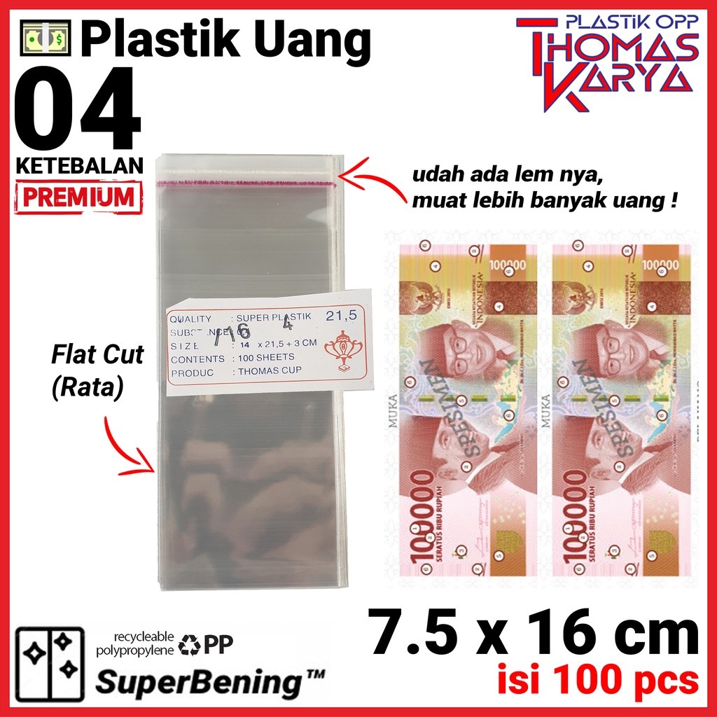 Plastik OPP 7,5x16 TEBAL isi 100 Kantong Bening Kemasan Uang Kertas Bungkus Uang Kertas 100 Rb 50 rb