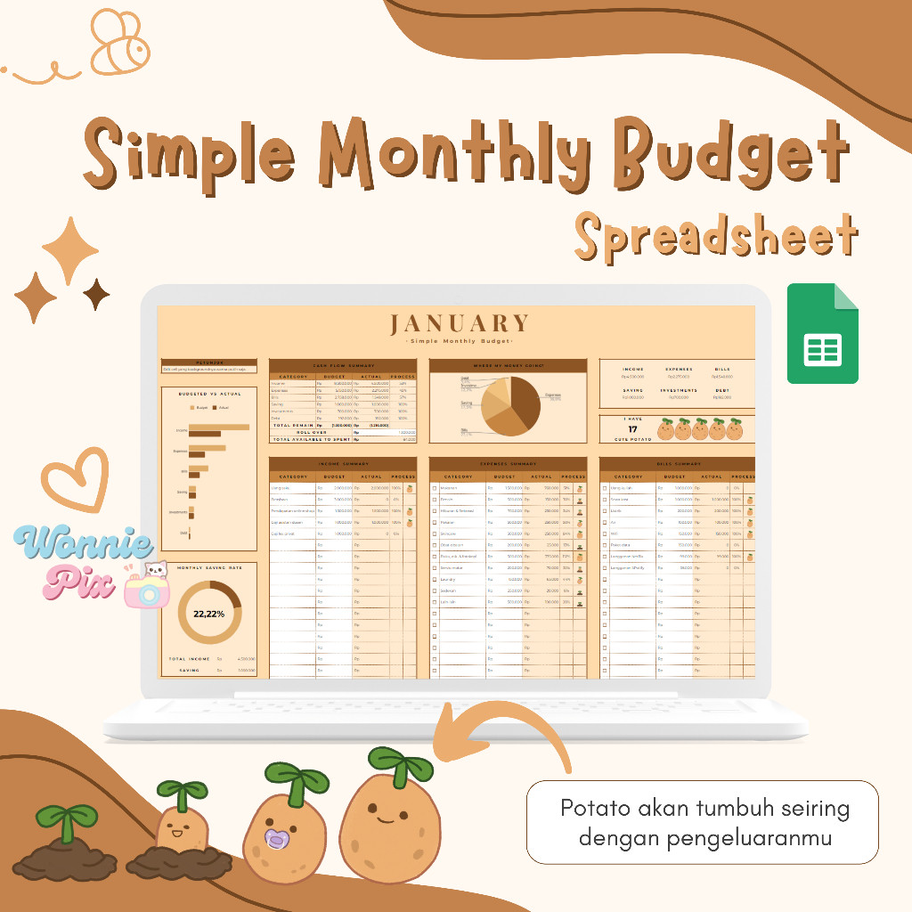 

Brikfid.pro Simple Monthly Budget - Cute Potato | Budget Planner Spreasheet | Rencana Keuangan | Perencanaan Keuangan | Template Spreasheet Termurah