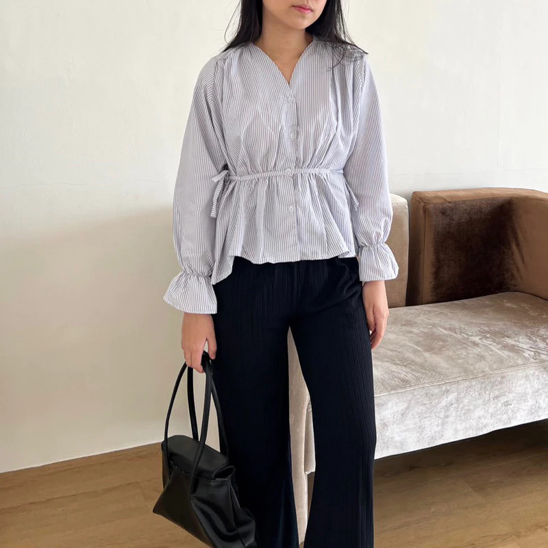VTZEN - ZPF Blouse KIRANA Model Garis Di bagian Perut / Nessa Stripe Blouse Wanita Baju Tangan Panja